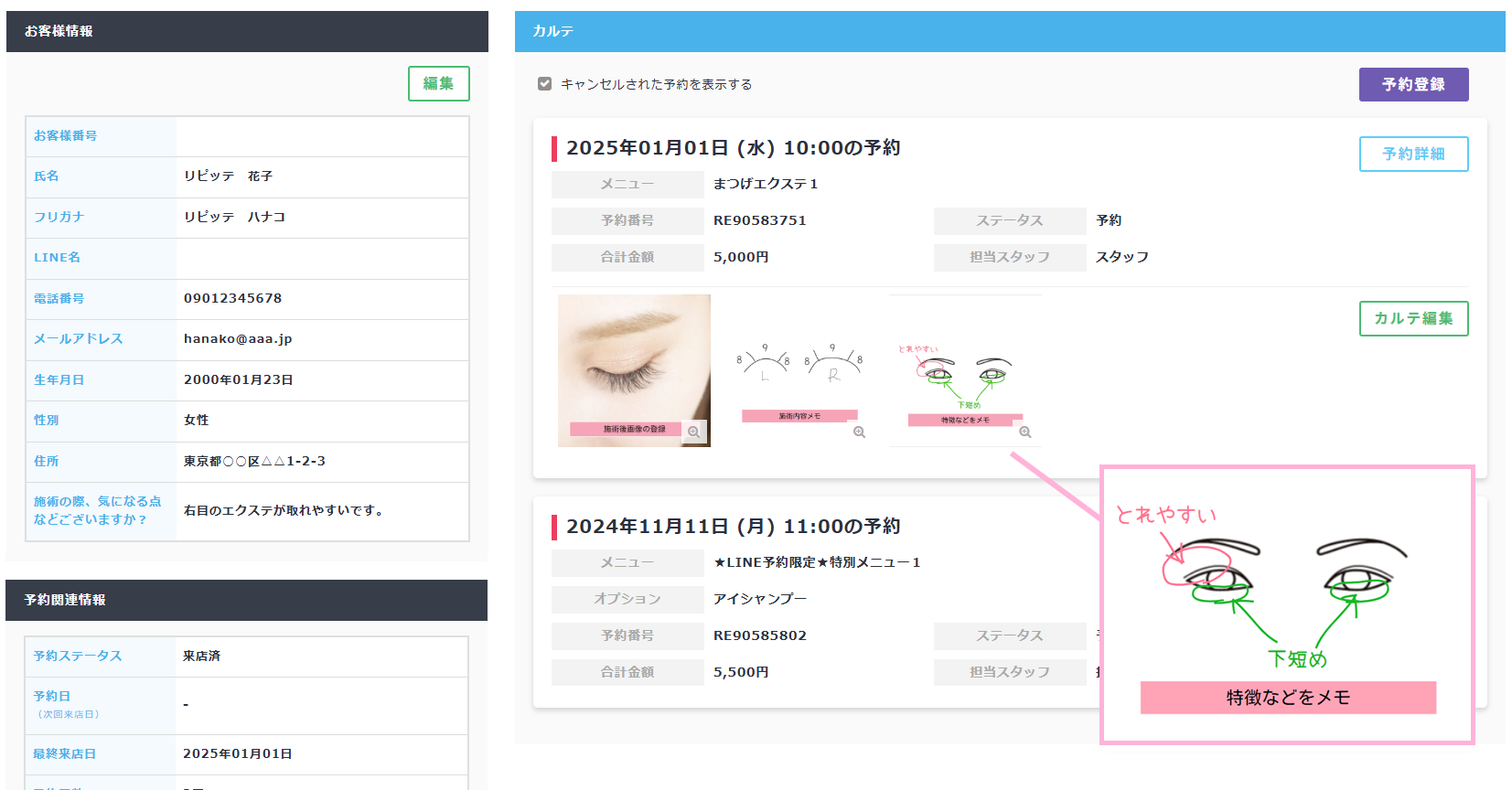 カルテ画像登録とスケッチ機能のサンプル画像
